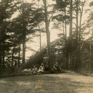 Laimutė, Gražutė ir Skaistutis Šlapeliai su draugais gamtoje. 1929 (?) m. Pirmoji iš kairės guli Gražutė, šalia jos tupi Skaistutis, šalia jo sėdi Laimutė.